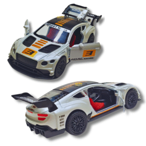 Shivansh Dealz GT3 Racing Car – 1:36 Scale Diecast Model, Pull-Back Action, Openable Doors – White with Golden